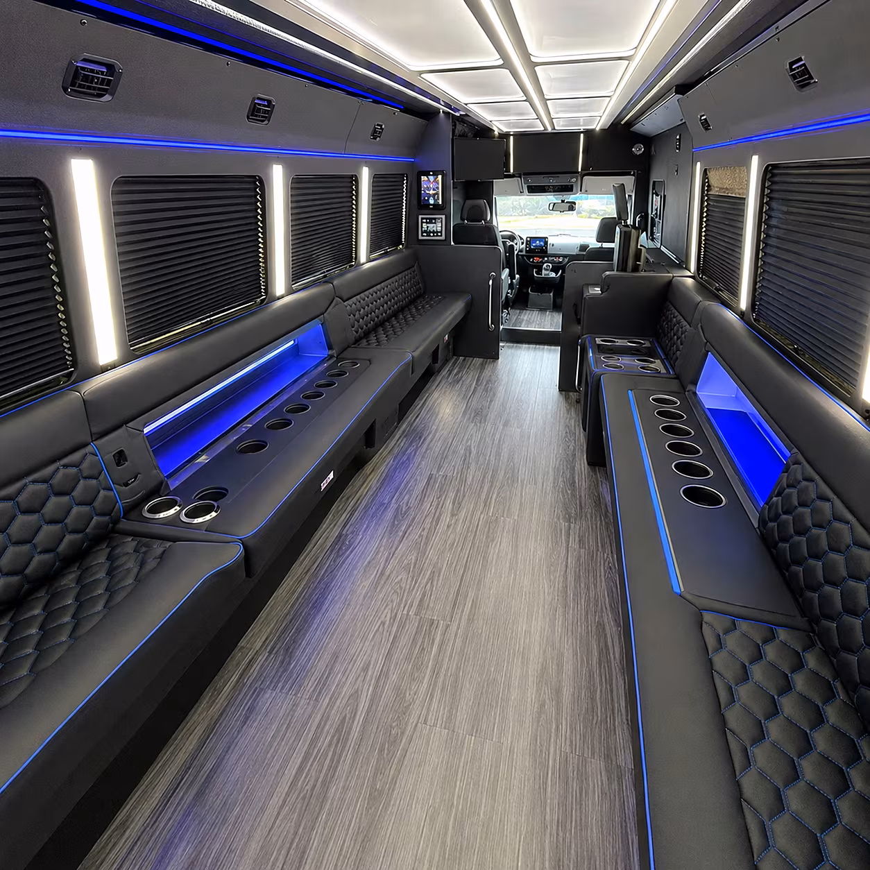 Friends laughing during a party bus celebration in Simi Valley