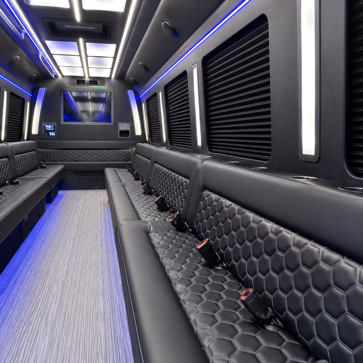 Passenger seating aboard a party bus rental serving Simi Valley